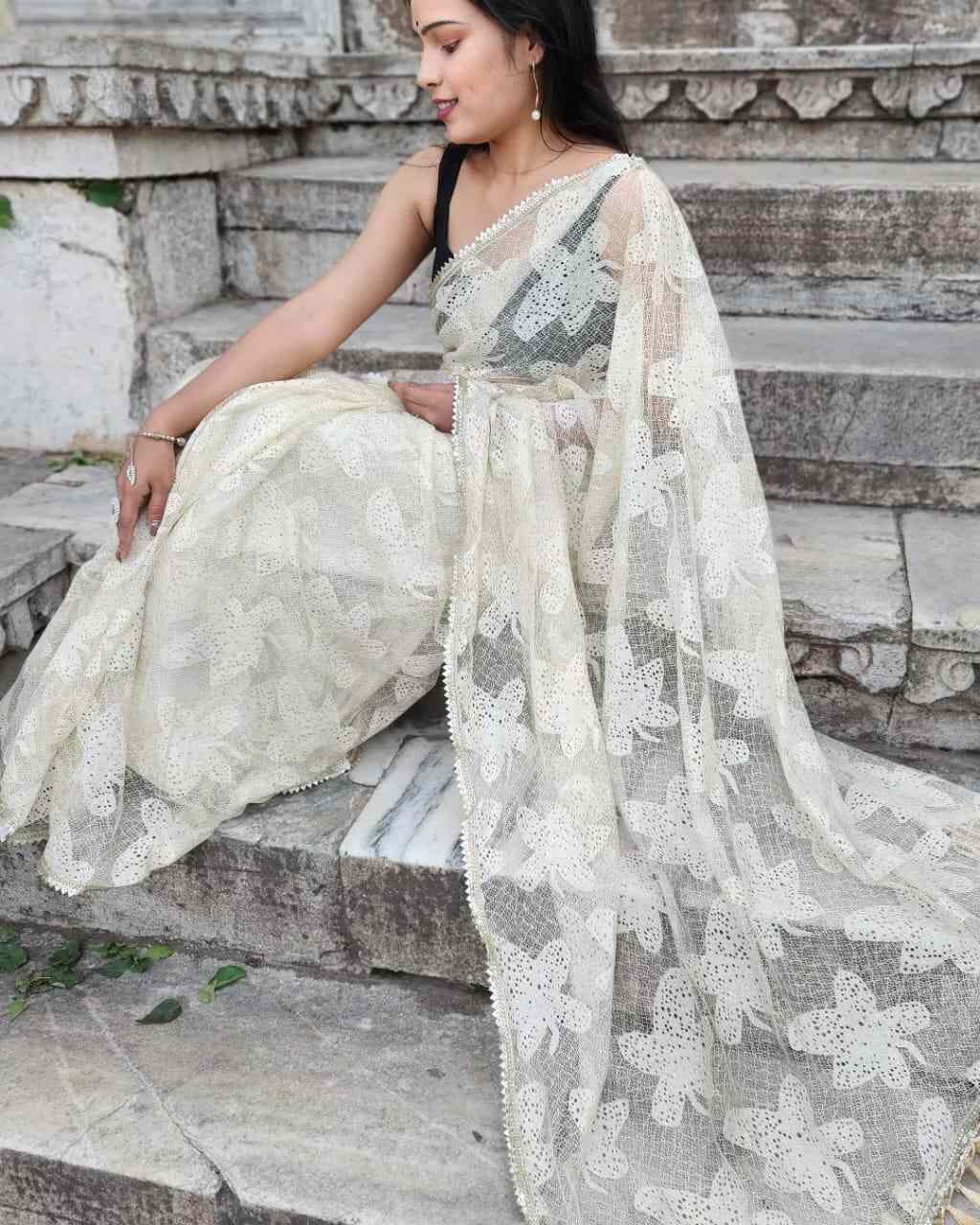 New Designer Party Wear Net Saree - Skin Colour Flower Design - Image 6