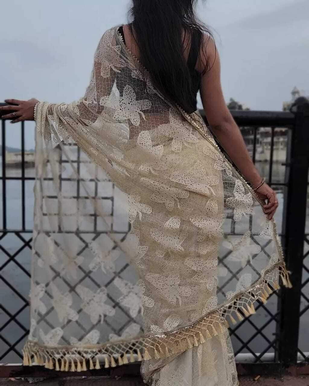 New Designer Party Wear Net Saree - Skin Colour Flower Design