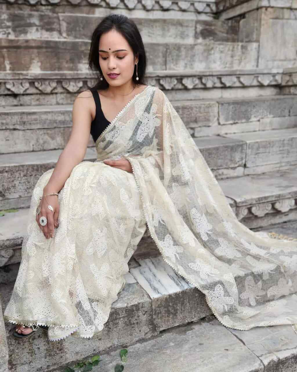 New Designer Party Wear Net Saree - Skin Colour Flower Design - Image 7
