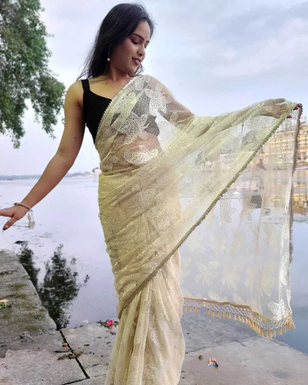 New Designer Party Wear Net Saree - Skin Colour Flower Design - Image 3