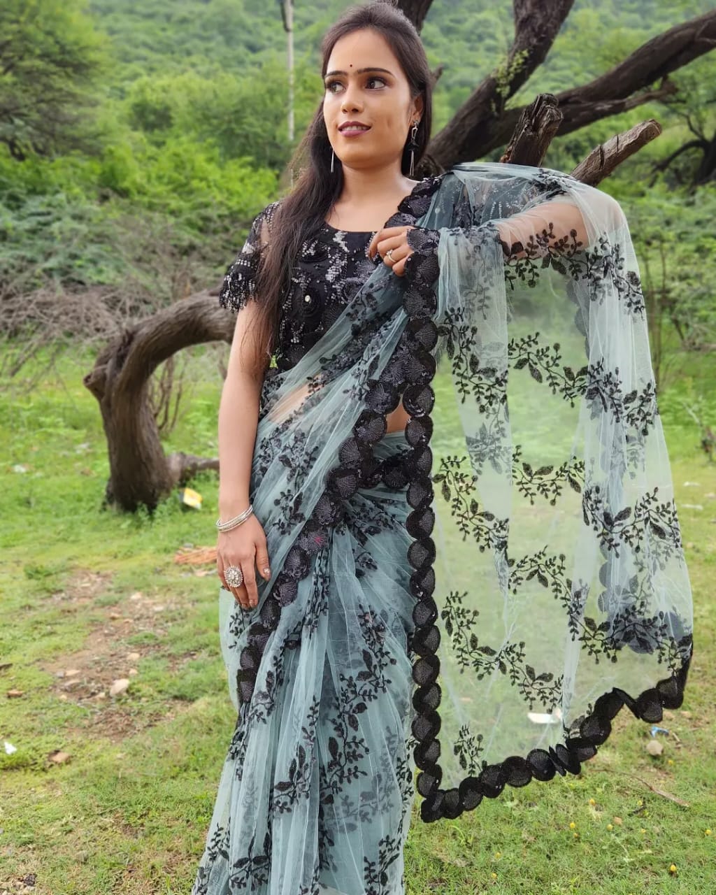 New Designer Bottle Green Net Saree - Party Wear Saree - Image 5