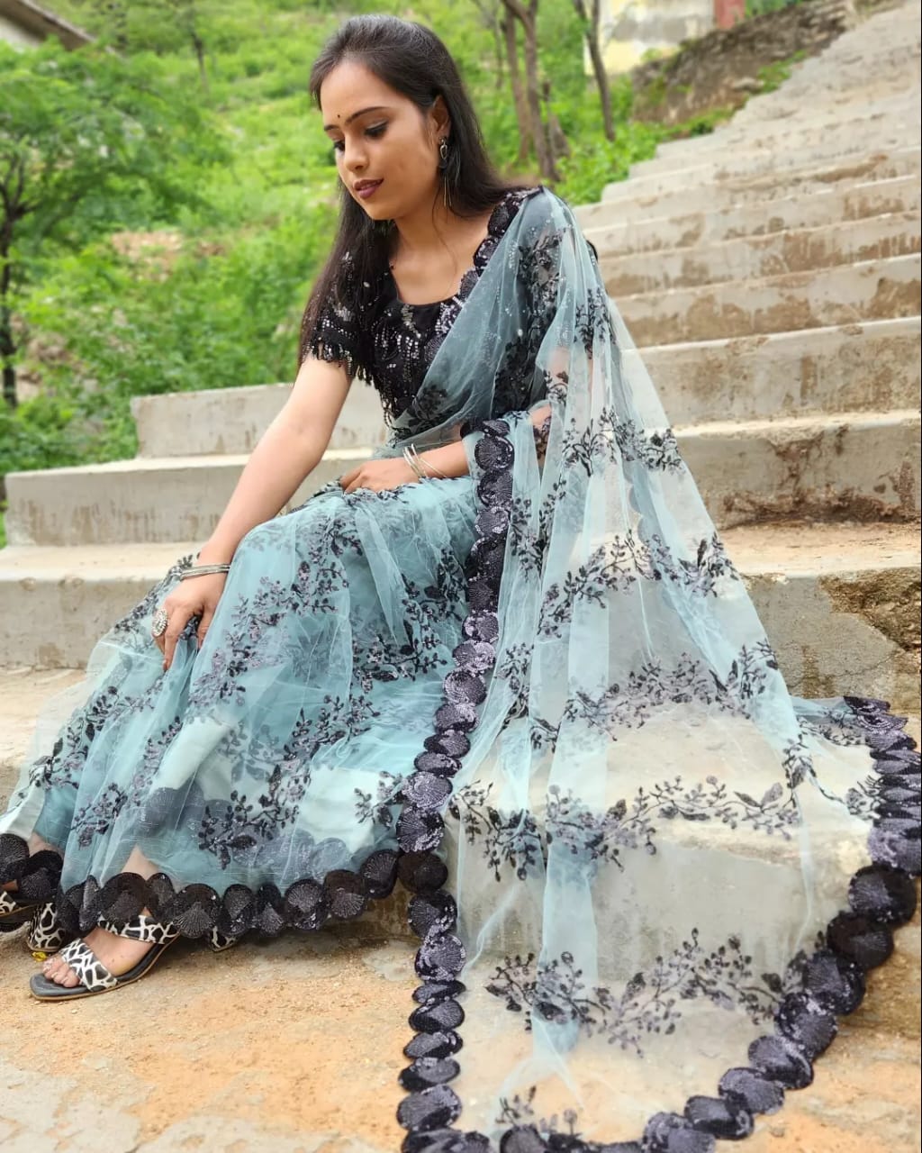 New Designer Bottle Green Net Saree - Party Wear Saree - Image 3