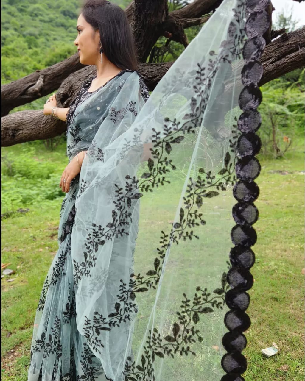 New Designer Bottle Green Net Saree - Party Wear Saree - Image 2