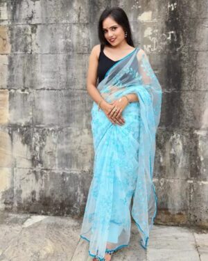 Sky Blue Designer Net Saree - Party Look With Party Saree