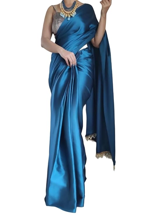 Buy Online Teal Colour Plain Satin Silk Party Wear Saree With Black Blouse- Party Saree - Image 7