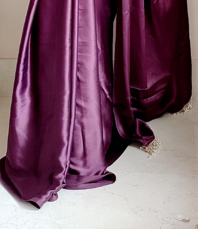 Buy online wine colour plain satin silk saree