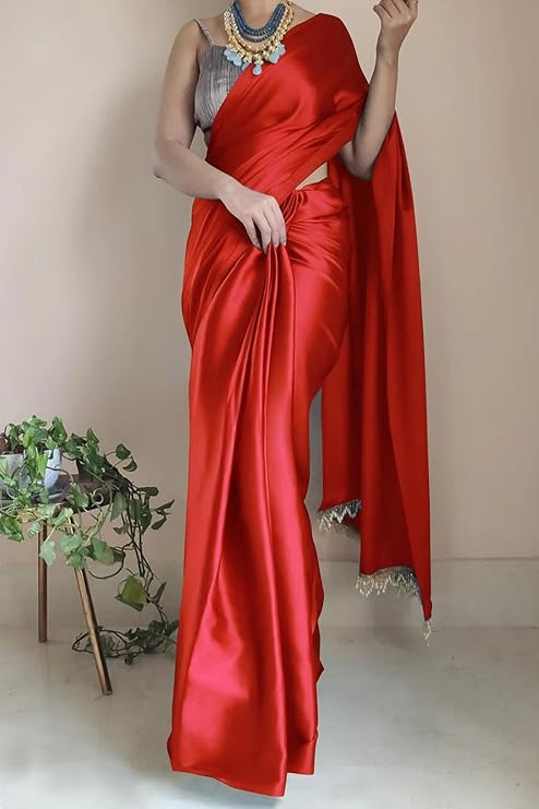 Buy Online Red Satin Silk Saree With a Black Blouse That Is Appropriate For Any Occasion. - Image 5