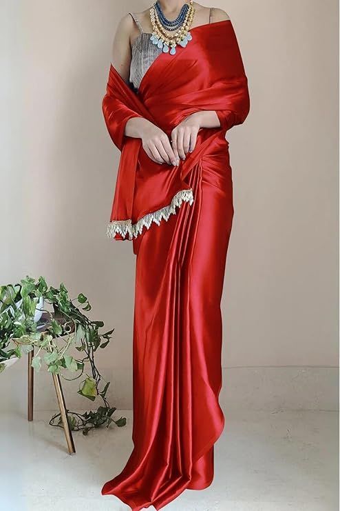 Buy Online Red Satin Silk Saree With a Black Blouse That Is Appropriate For Any Occasion. - Image 2