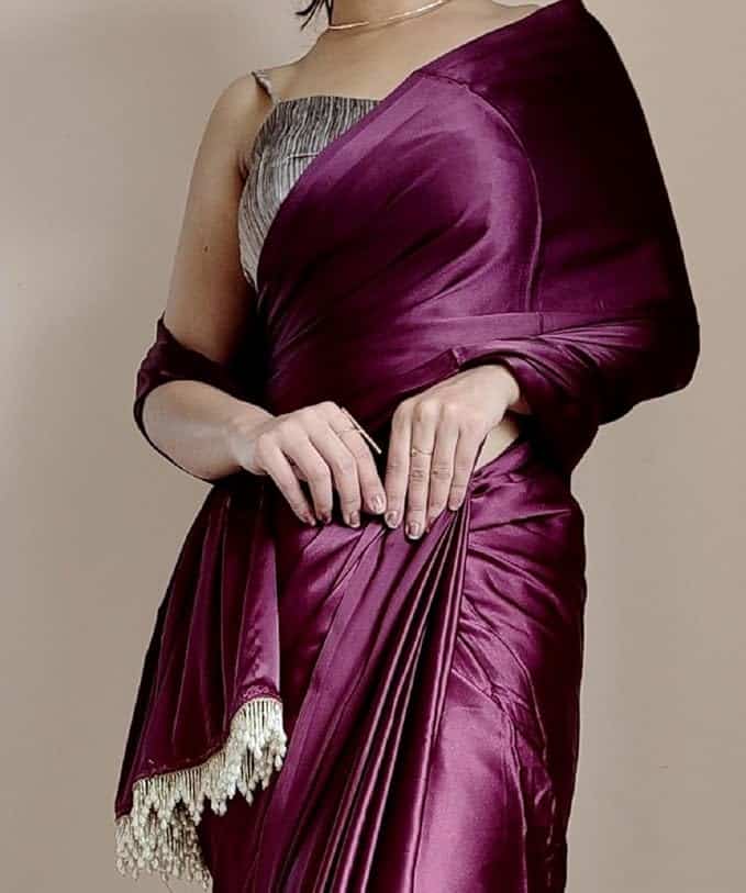 Buy online wine colour plain satin silk saree