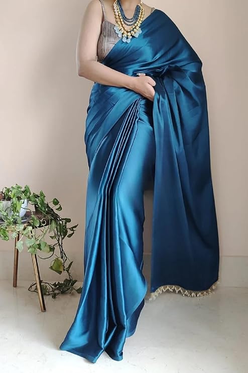 Buy Online Teal Colour Plain Satin Silk Party Wear Saree With Black Blouse- Party Saree - Image 6