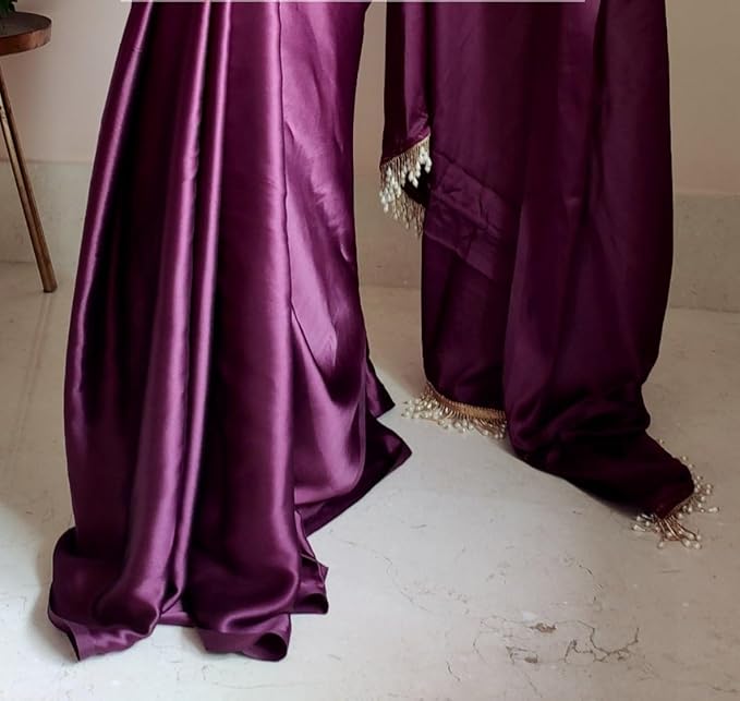 Buy Online Wine Satin Silk Saree with Black Blouse – Your Perfect Party Wear! - Image 7