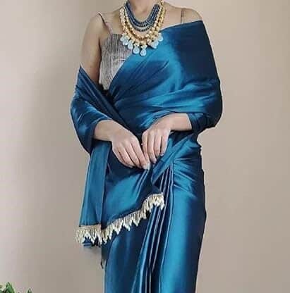 Buy online teal colour plain satin silk saree