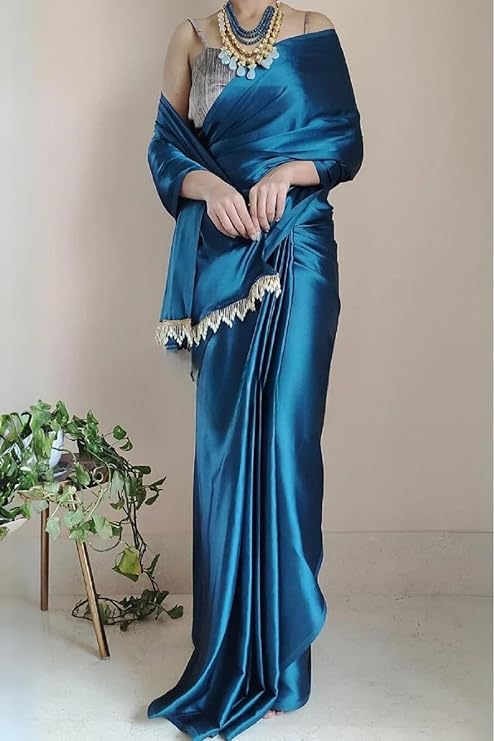 Buy Online Teal Colour Plain Satin Silk Party Wear Saree With Black Blouse- Party Saree - Image 5