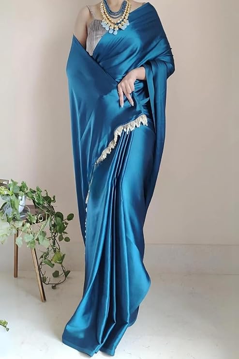 Buy Online Teal Colour Plain Satin Silk Party Wear Saree With Black Blouse- Party Saree - Image 4