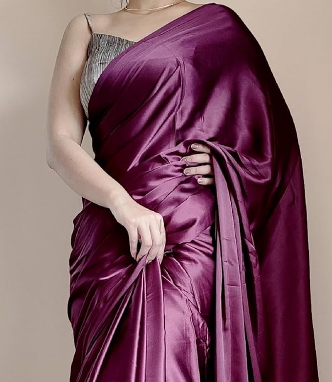 Buy Online Wine Satin Silk Saree with Black Blouse – Your Perfect Party Wear! - Image 5