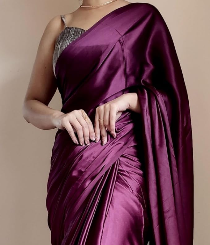 Buy Online Wine Satin Silk Saree with Black Blouse – Your Perfect Party Wear! - Image 3