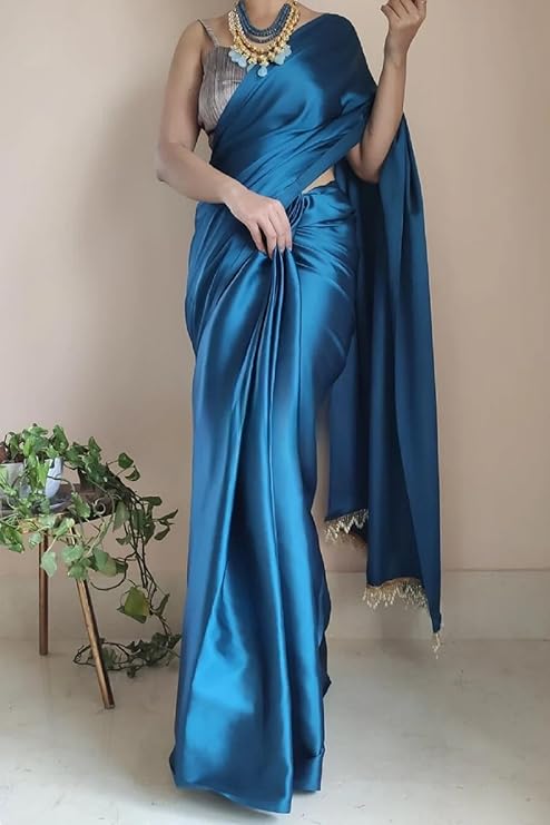 Buy online teal colour plain satin silk saree