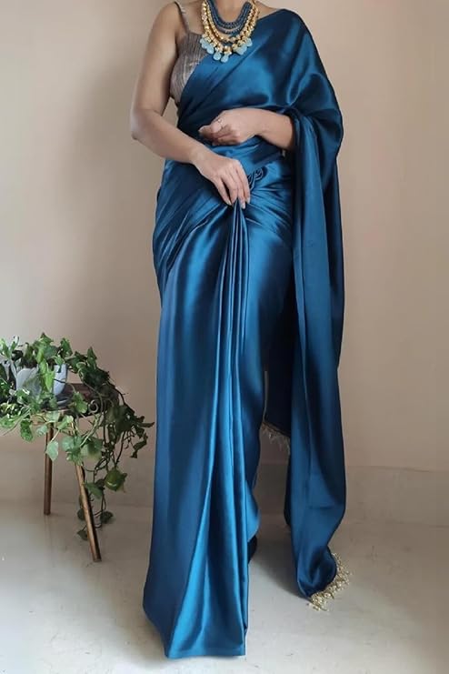 Buy Online Teal Colour Plain Satin Silk Party Wear Saree With Black Blouse- Party Saree - Image 3