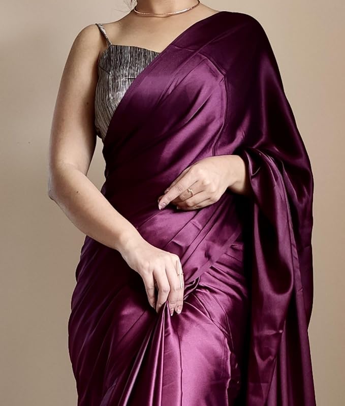 Buy Online Wine Satin Silk Saree with Black Blouse – Your Perfect Party Wear! - Image 4